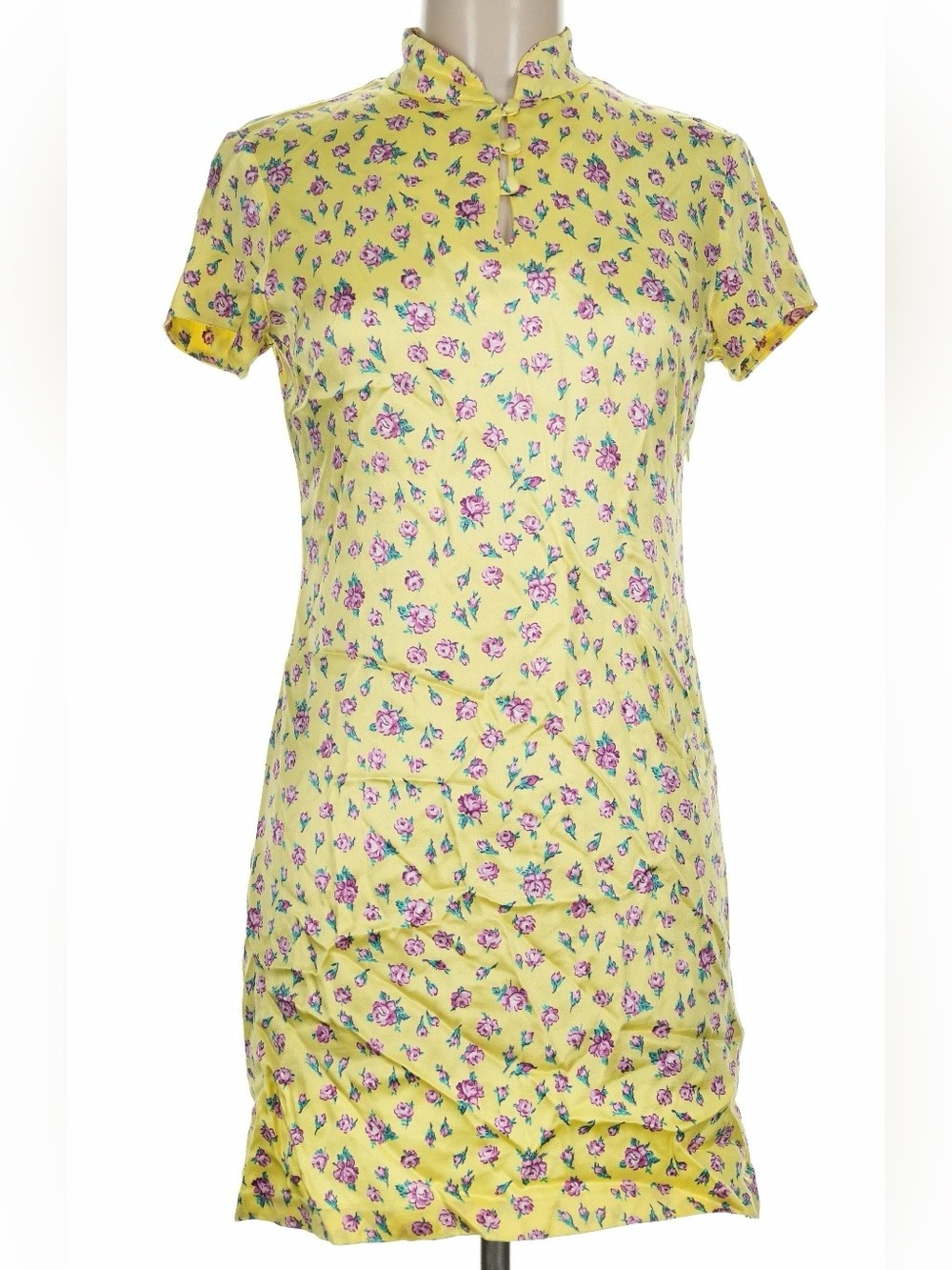 Vintage 90s Betsey Johnson yellow mini dress with pink rose print